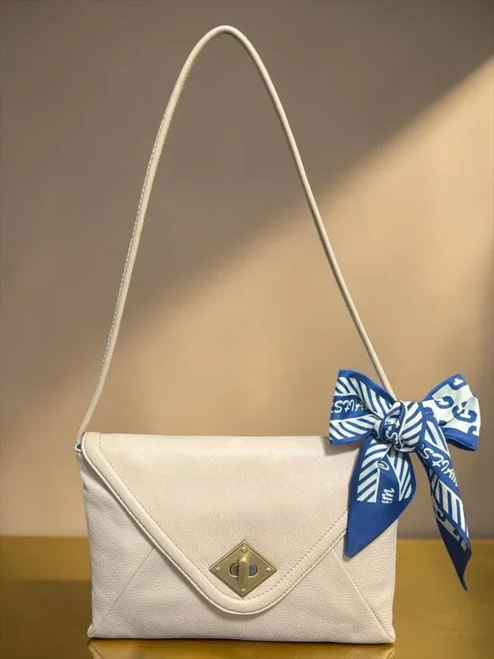 Kate Landry 2-Way Shoulder Bag Beige Pebbled Leather Turn Lock Envelope Clutch - Picture 1 of 11